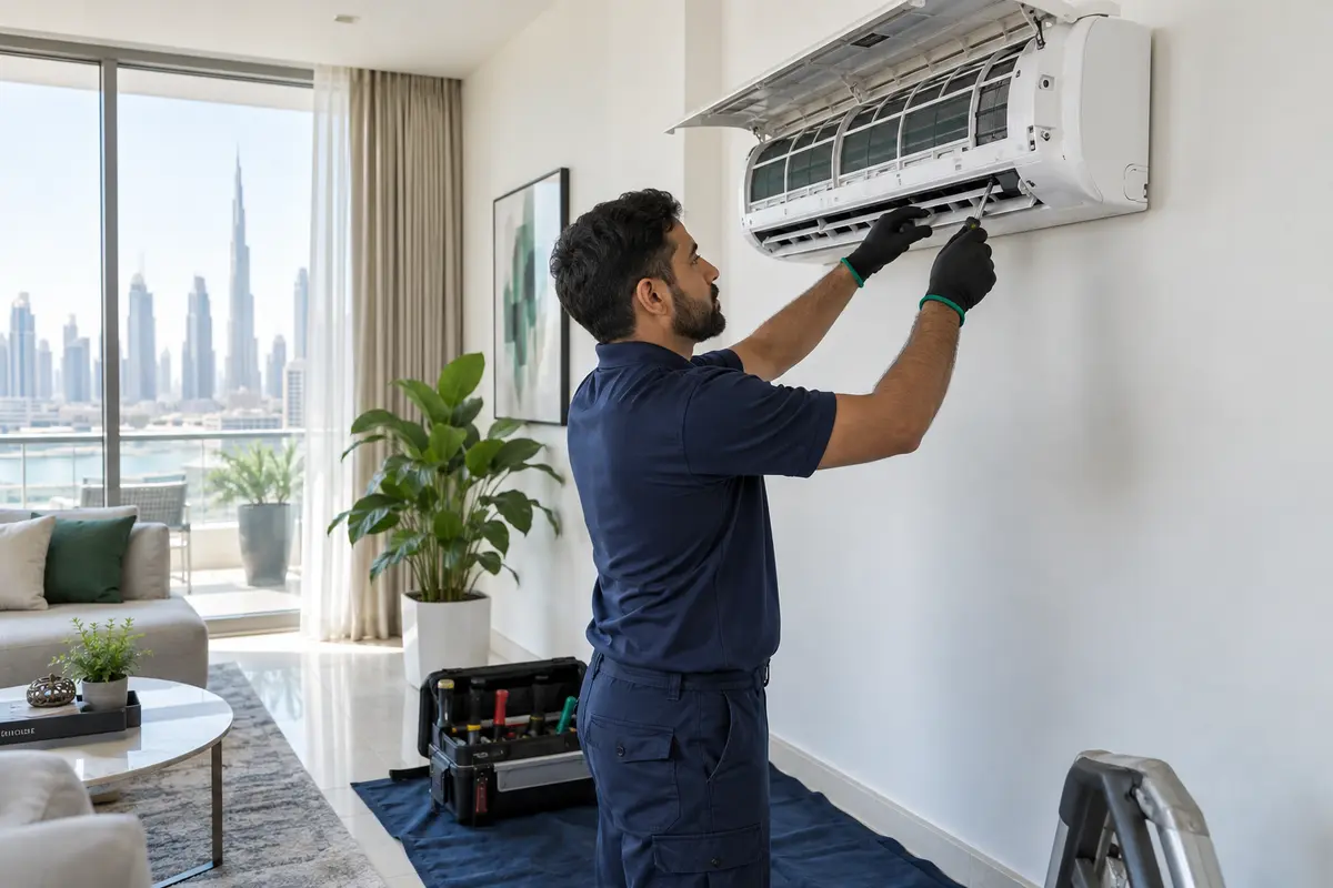 Technician servicing a wall-mounted air-conditioning unit