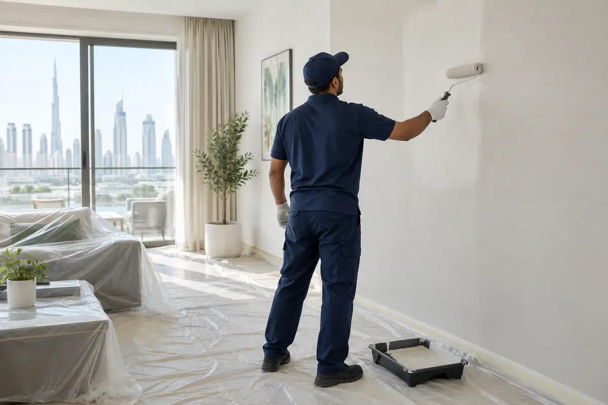 Professional painter applying paint to an interior wall