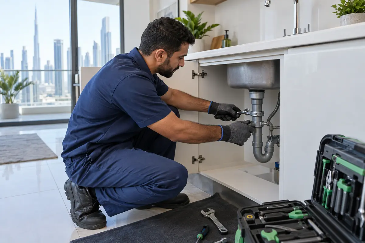 Technician carrying out a plumbing repair beneath a sink